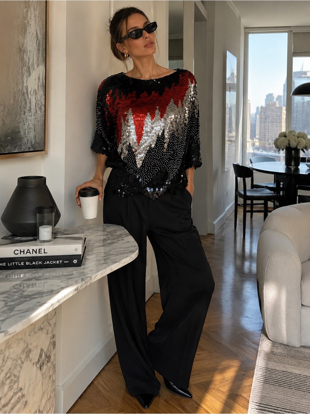 Vintage Oleg Cassini Hand Beaded Sequin Top Black Red Silver Small